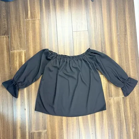 Lulu's size S Black Ruched Blouse Flowy Elastic Cuffs wide Round Neck Long Sleev - Picture 8 of 11